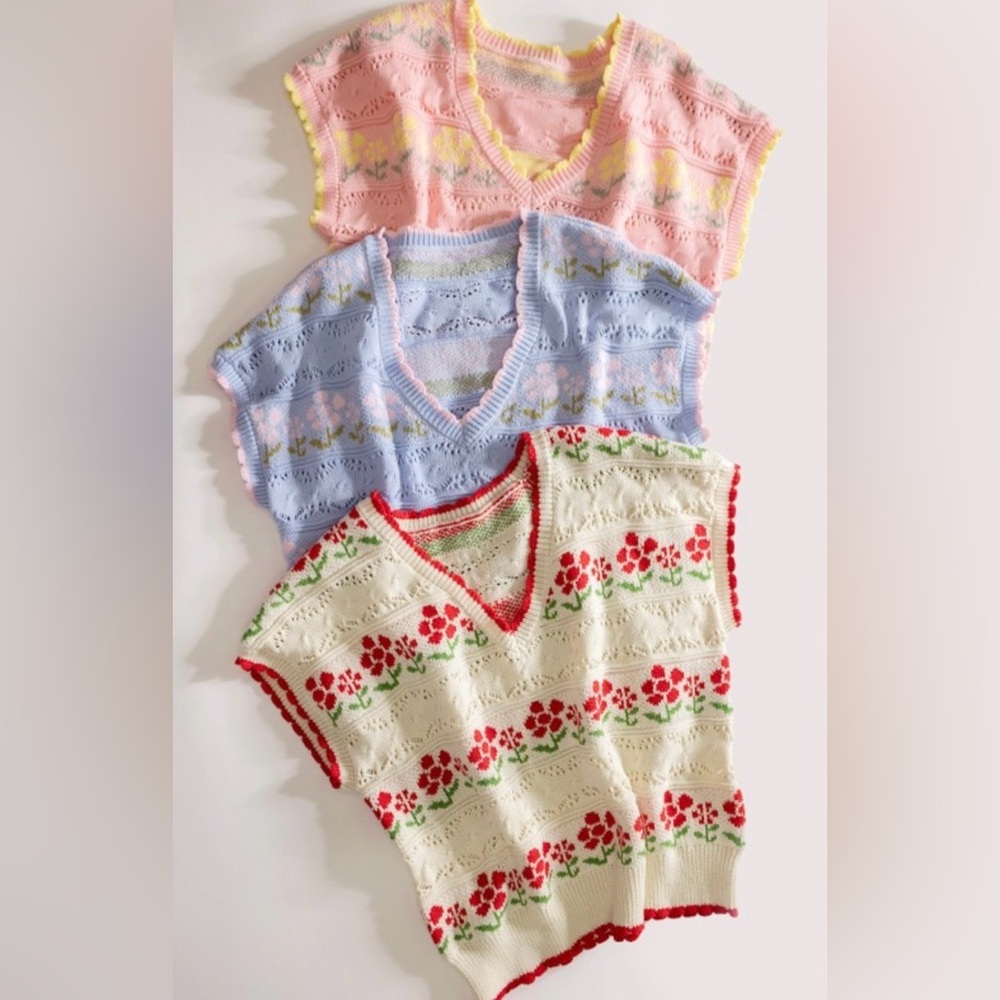 45. Very J Floral Knit Vest Trio - Cream with Red, Light Blue, and Pink